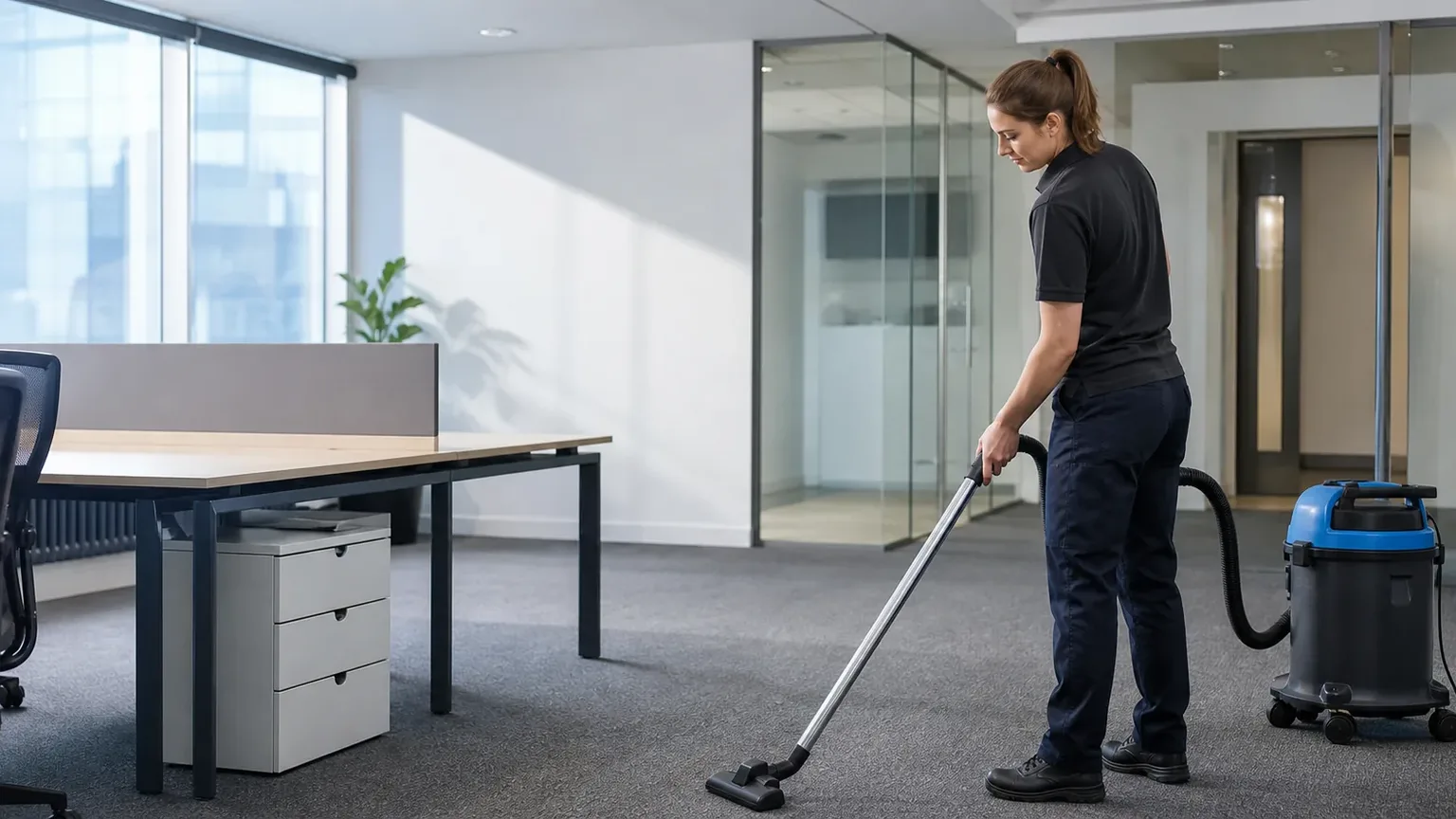 Illustrative AI-generated professional cleaner vacuuming a bright office