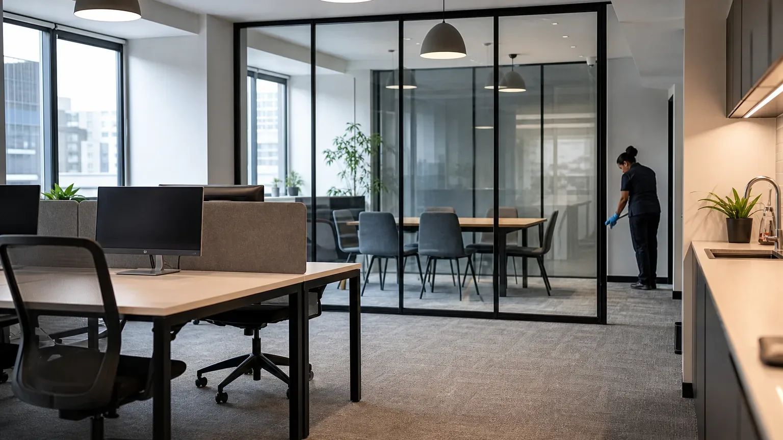 Illustrative AI-generated office cleaning project image for a cleaning company website demonstration